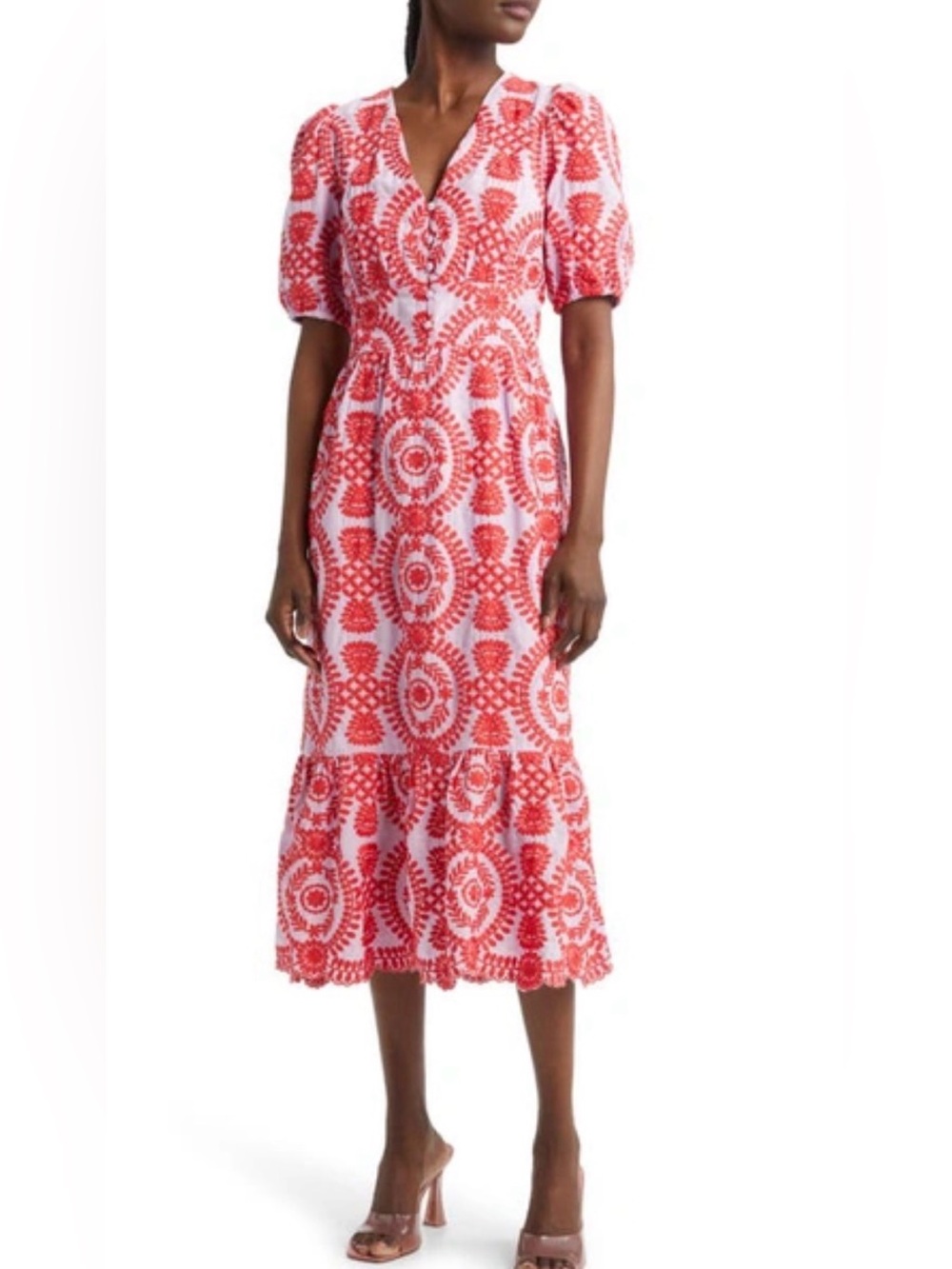 Adelyn Rae Luisa Midi Dress W/ Embroidered Floral Vines Ruffle Hem Lavender/Red